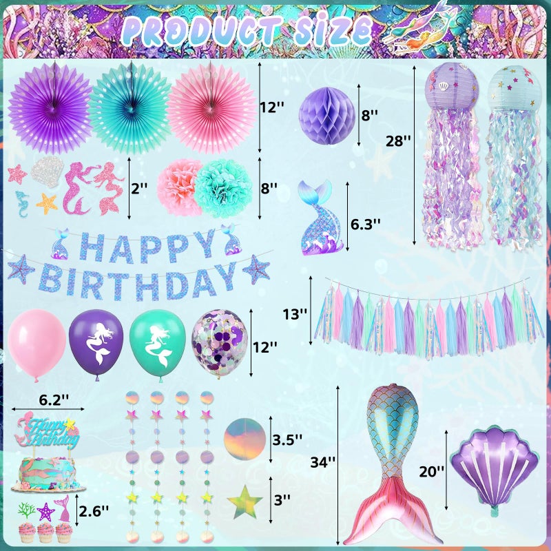 Bolake Mermaid Birthday Decorations Mermaid Theme Party Decorations Supplies Mermaid Cake Decorations Include Mermaid Banner Balloons Paper Fans Curtains Sash Headband for Mermaid Party Decor - Image 3